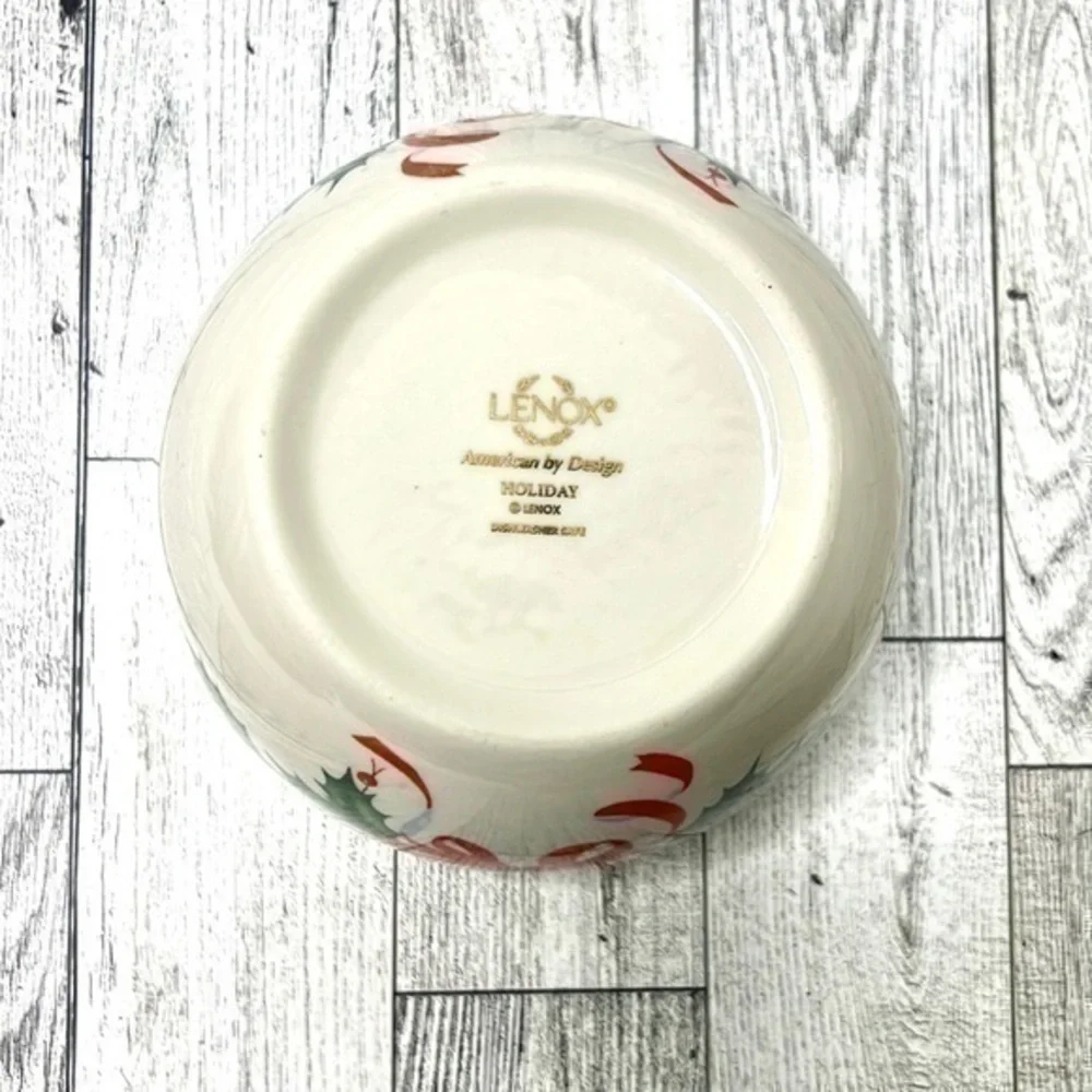 Lenox American By Design Holiday Bowl Green Holly & Red Ribbon Gold Trim